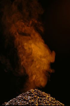 Coffee beans and smoke on a black studio background
