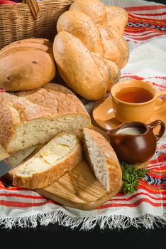 Different kinds of bread on a studio background