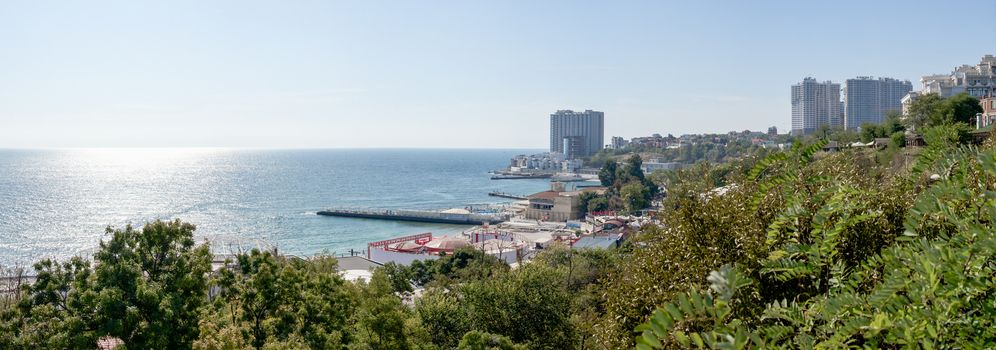 Odessa, Ukraine - 09.23.2019. Panoramic top view of the beach of the coast of Odessa on a sunny autumn day