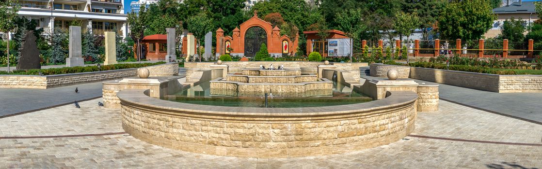 Odessa, Ukraine - 09.23.2019. Fountain in the memory square near  the Armenian Apostolic Church is the national church of the Armenian people. Part of Oriental Orthodoxy, it is one of the most ancient Christian communities.