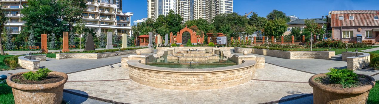 Odessa, Ukraine - 09.23.2019. Fountain in the memory square near  the Armenian Apostolic Church is the national church of the Armenian people. Part of Oriental Orthodoxy, it is one of the most ancient Christian communities.