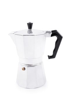 Side view of a metallic moka maker, isolated on white background.