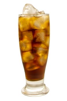 Close up one big high glass of iced tea cold drink isolated on white background, low angle side view
