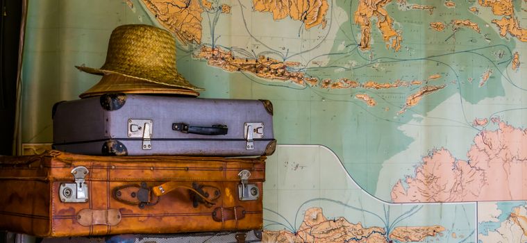 travel background, Suitcases with hat and a map, Adventurous journey, Traveling business