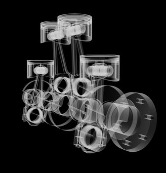 Pistons and crankshaft X-Ray style. Isolated on black background. 3D illustration