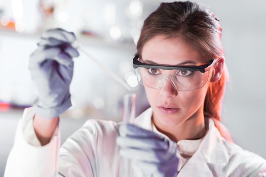 Life scientists researching in laboratory. Focused female life science professional pipetting solution into the glass cuvette. Lens focus on researcher's eyes. Healthcare and biotechnology concept.