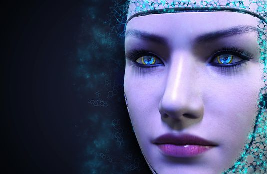 Female robot face at blue technology background - 3d rendering