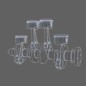 Engine pistons outline. 3D illustration. White lines and grey background