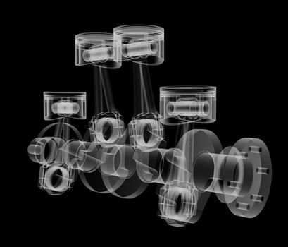 Pistons and crankshaft X-Ray style. Isolated on black background. 3D illustration