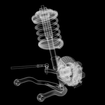 X-ray Car suspension and brake disk on black background, 3d illustration