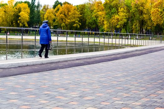 people walk along the pond on a cloudy autumn day