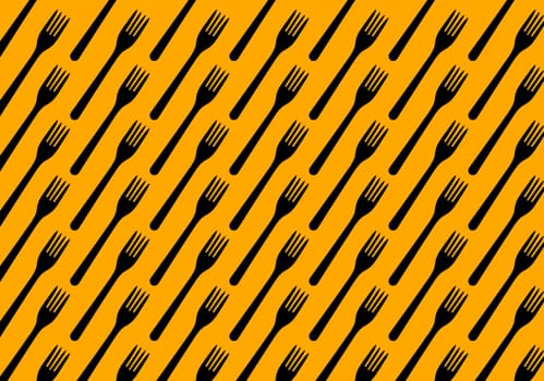 Many black plastic forks on yellow background, top view. Disposable table wear concept. Creative top view pattern.