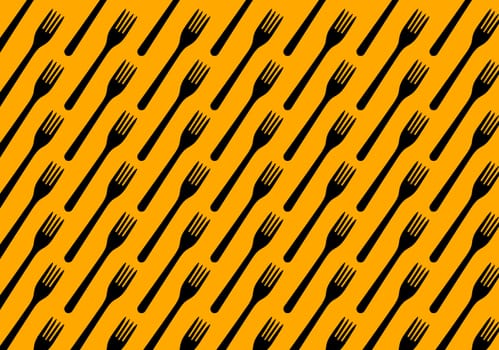 Many black plastic forks on yellow background, top view. Disposable table wear concept. Creative top view pattern.