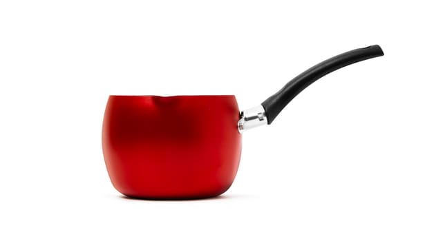 Empty Non-stick red Cooking Pot or Saucepan hat with a long handle, isolated on white background.