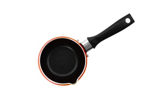 Empty Non-stick red Cooking Pot or Saucepan hat with a long handle, isolated on white background. With clipping path