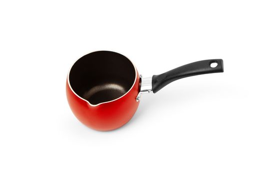 Empty Non-stick red Cooking Pot or Saucepan hat with a long handle, isolated on white background. With clipping path