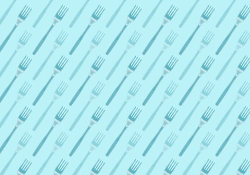 Many black plastic forks on blue background, top view. Disposable table wear concept. Creative top view pattern.