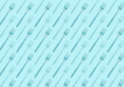 Many black plastic forks on blue background, top view. Disposable table wear concept. Creative top view pattern.