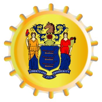 A typical metal glass bottle cap in New Jersey state flag colors isolated on a white background