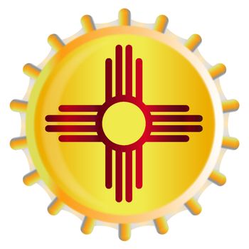 A typical metal glass bottle cap in New Mexico state flag colors isolated on a white background