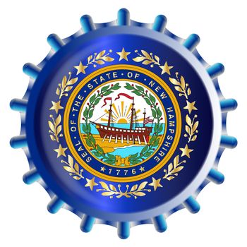 A typical metal glass bottle cap in New Hampshire state flag colors isolated on a white background