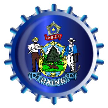 A typical metal glass bottle cap in Maine state flag colors isolated on a white background