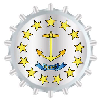 A typical metal glass bottle cap in Rhode Island state flag colors isolated on a white background