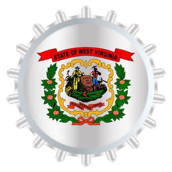 A typical metal glass bottle cap in West Virginia state flag colors isolated on a white background