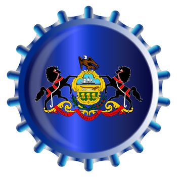 A typical metal glass bottle cap in Pennsylvania state flag colors isolated on a white background