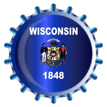 A typical metal glass bottle cap in Wisconsin state flag colors isolated on a white background