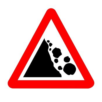 The traditional 'DANGER FALLING ROCKS' triangle, traffic sign isolated on a white background..