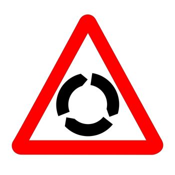 The traditional 'ROUNDABOUT' triangle, traffic sign isolated on a white background..