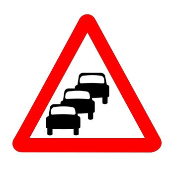 The traditional 'QUEUING' triangle, traffic sign isolated on a white background..