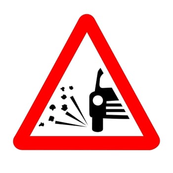 The traditional 'STONE CHIPPING WARNING' triangle, traffic sign isolated on a white background..