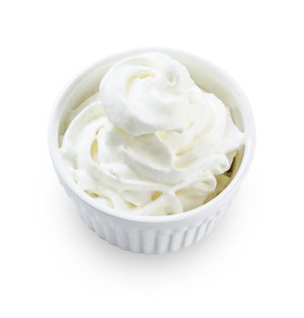 Bowl of whipped cream isolated on white background, Save clipping path.