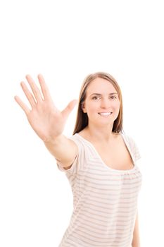 Beautiful smiling young girl holding her hand up making a high five gesture, isolated on white background.