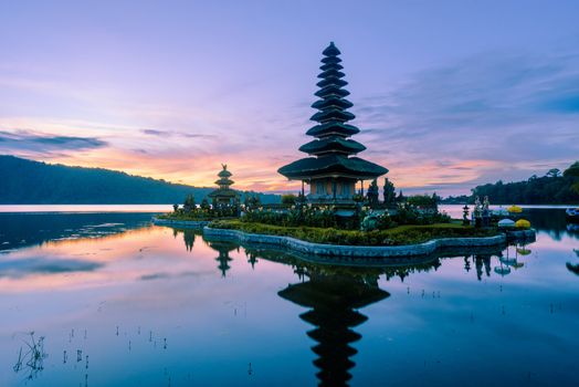 Pura Ulun Danu Beratan temple at sunrise in Bali, Indonesia