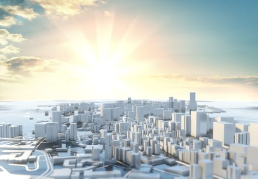 3D illustration. Futuristic City in sunny day. Sky background