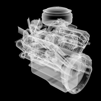 Internal combustion engine X-Ray style. Isolated on black background. 3D illustration