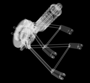 X-ray Car suspension and brake disk on black background, 3d illustration