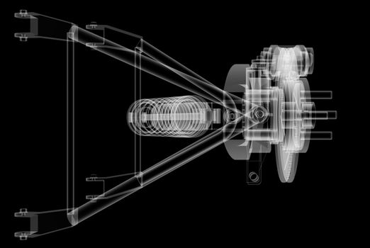 X-ray Car suspension and brake disk on black background, 3d illustration