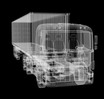 X-ray of heavy truck with semi-trailer on black background. 3D illustration