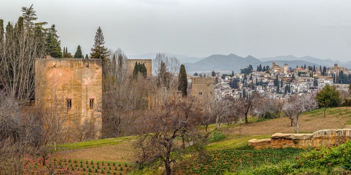 Panoramic view of Alhambra wall and Granada, Spain