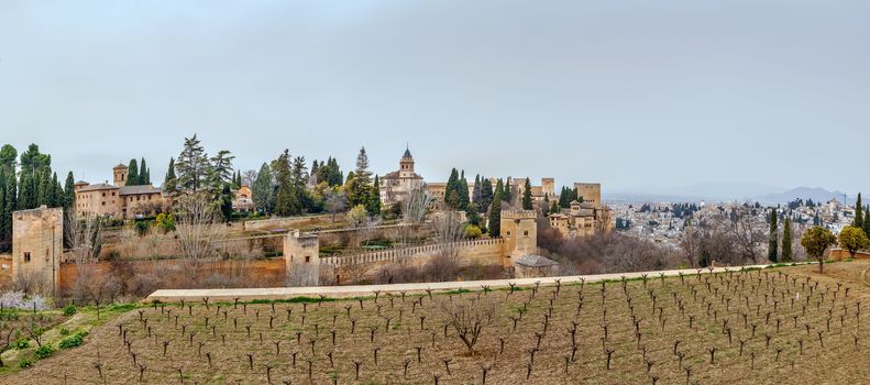 Panoramic view of Alhambra from Generalife gardens, Granada, Spain