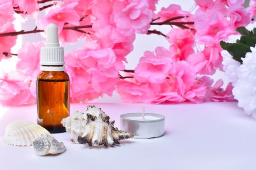 Floral argan oil background. The bottle behind pink sakura flowers, in front of it sea snail shells and small tealight scented candles in metal frame.