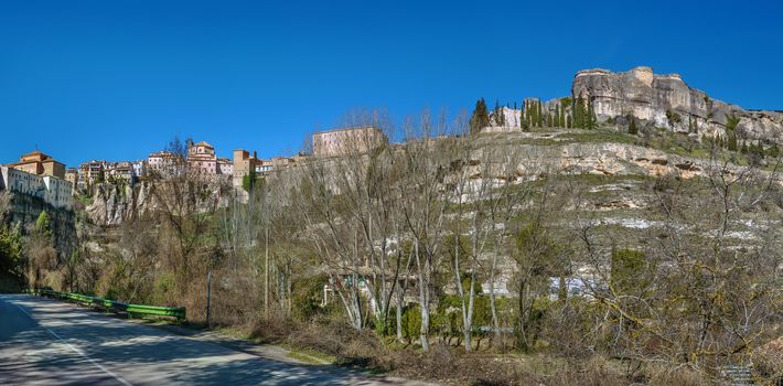 Panoramic view of Cuenca historical center on rocks from Huecar River canyon, Spain