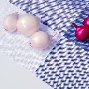 red onion and white onion on a background divided into four parts