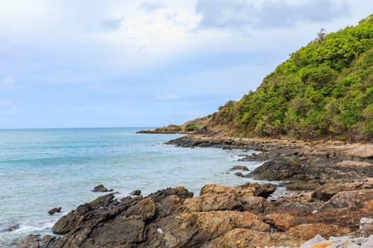 Sky with beautiful beach with rocks and tropical sea in Thailand.