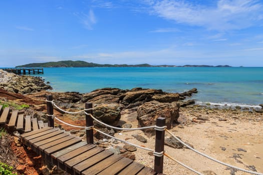 Sky with beautiful beach with rocks and tropical sea in Thailand.