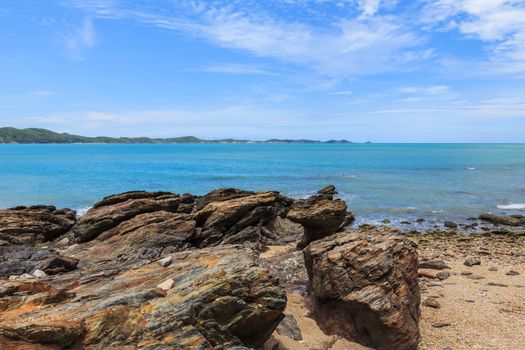 Sky with beautiful beach with rocks and tropical sea in Thailand.